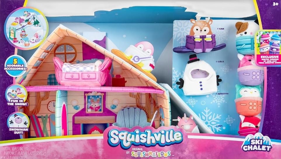 Squishville Conjunto Chalé de Esqui: Diversão Invernal Aconchegante com 4 Squishmallows!