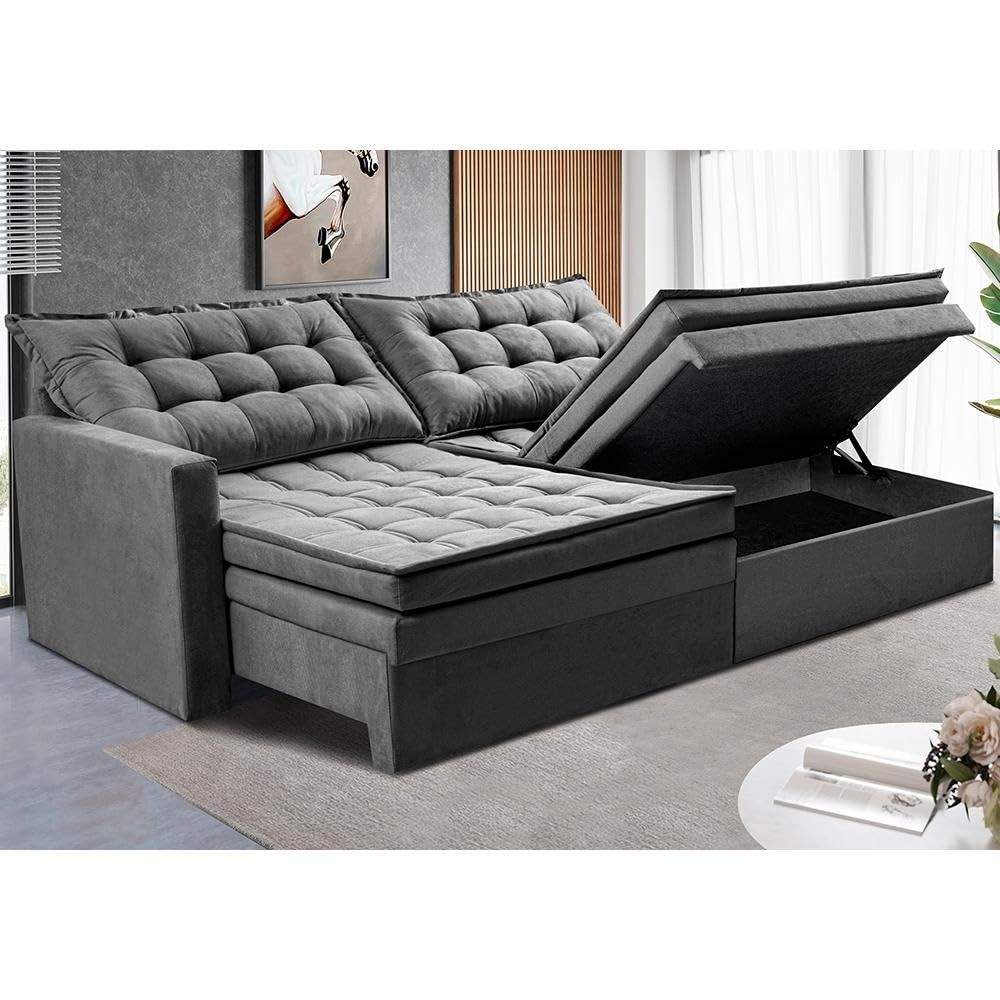 Sofá Retrátil com Baú 2,00m - Cama Secret Suede Cinza | Conforto e Armazenamento Integrado