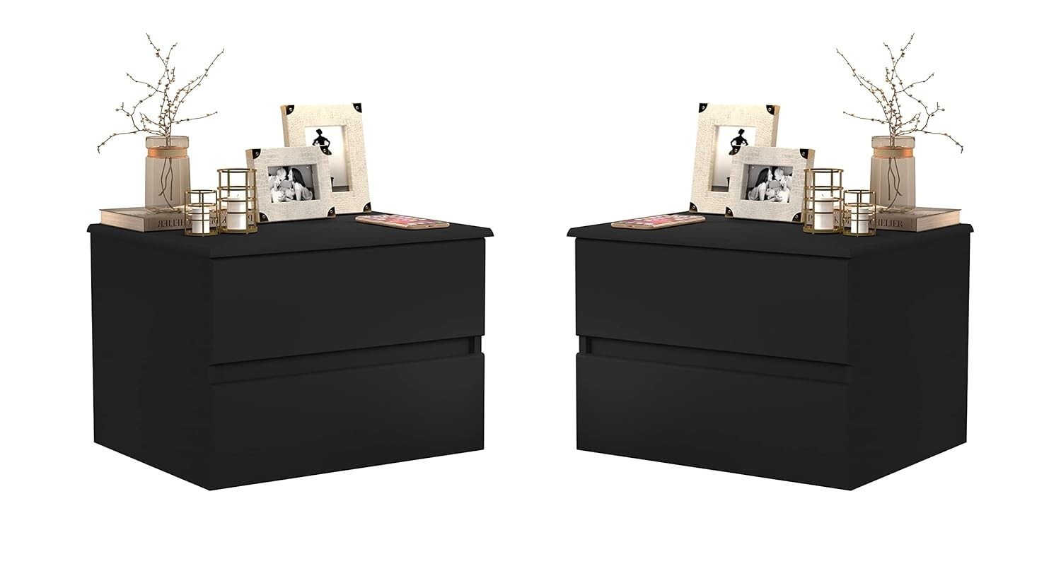Kit com 2 Mesas de Cabeceira Suspensas Tóquio com 2 Gavetas – Design Moderno para Quarto (Preto)