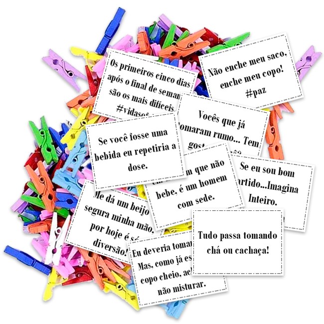 Tags para Drinks com Frases e Pregador Colorido – 50 Unidades