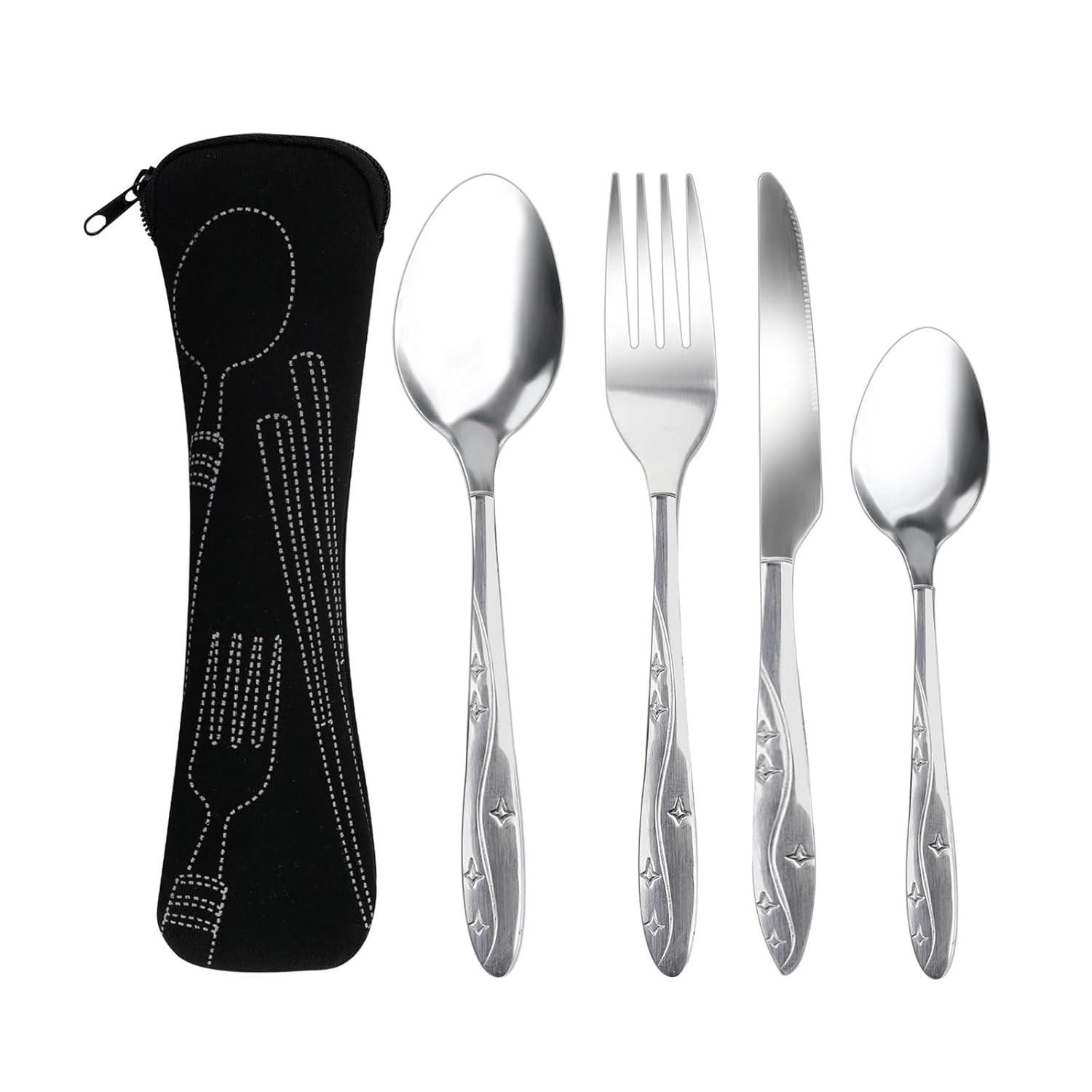 Conjunto de Talheres em Aço Inox com Bolsa Portátil - 4 Peças Laváveis na Lava-Louças