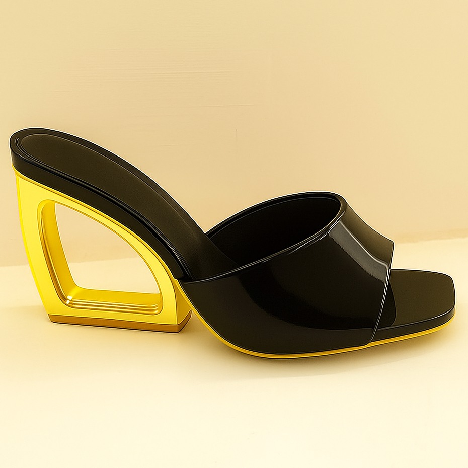 Tamanco Salto Geométrico Dourado 8cm Confortável