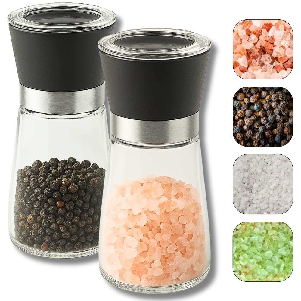 Kit 2 Moedores de Temperos em Vidro com Tampa Preto - Sal Grosso e Pimenta do Reino | Sistema Cerâmico Ajustável KOALAECOM®