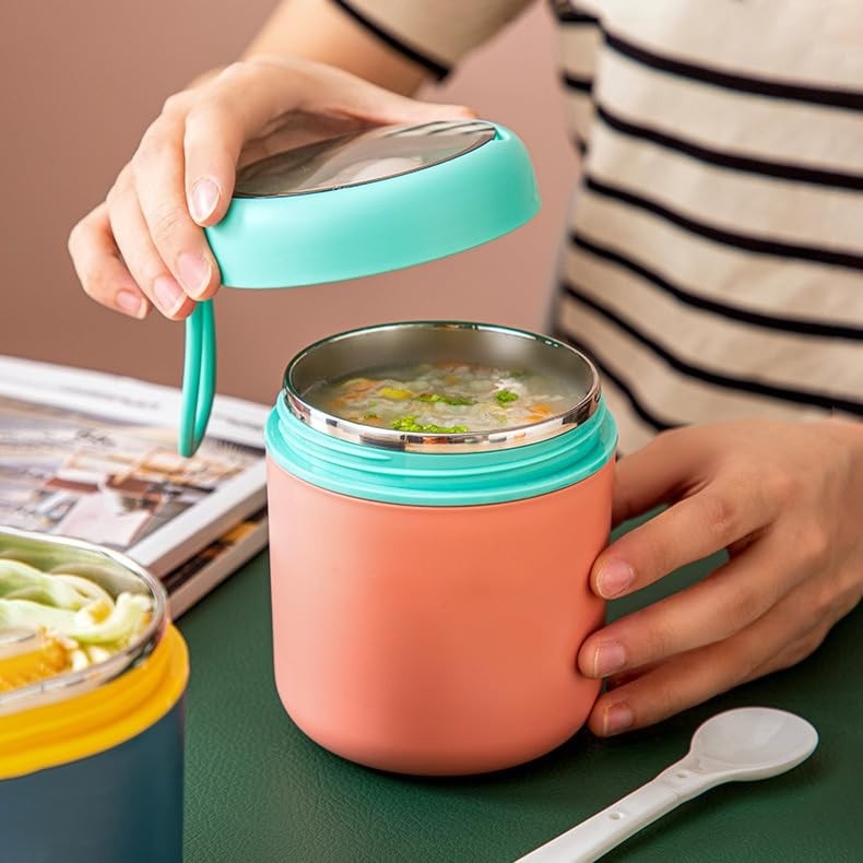 Copo Térmico de Aço Inoxidável com Colher e Tampa à Prova de Vazamento - Ideal para Sopas, Saladas e Refeições Quentes ou Frias