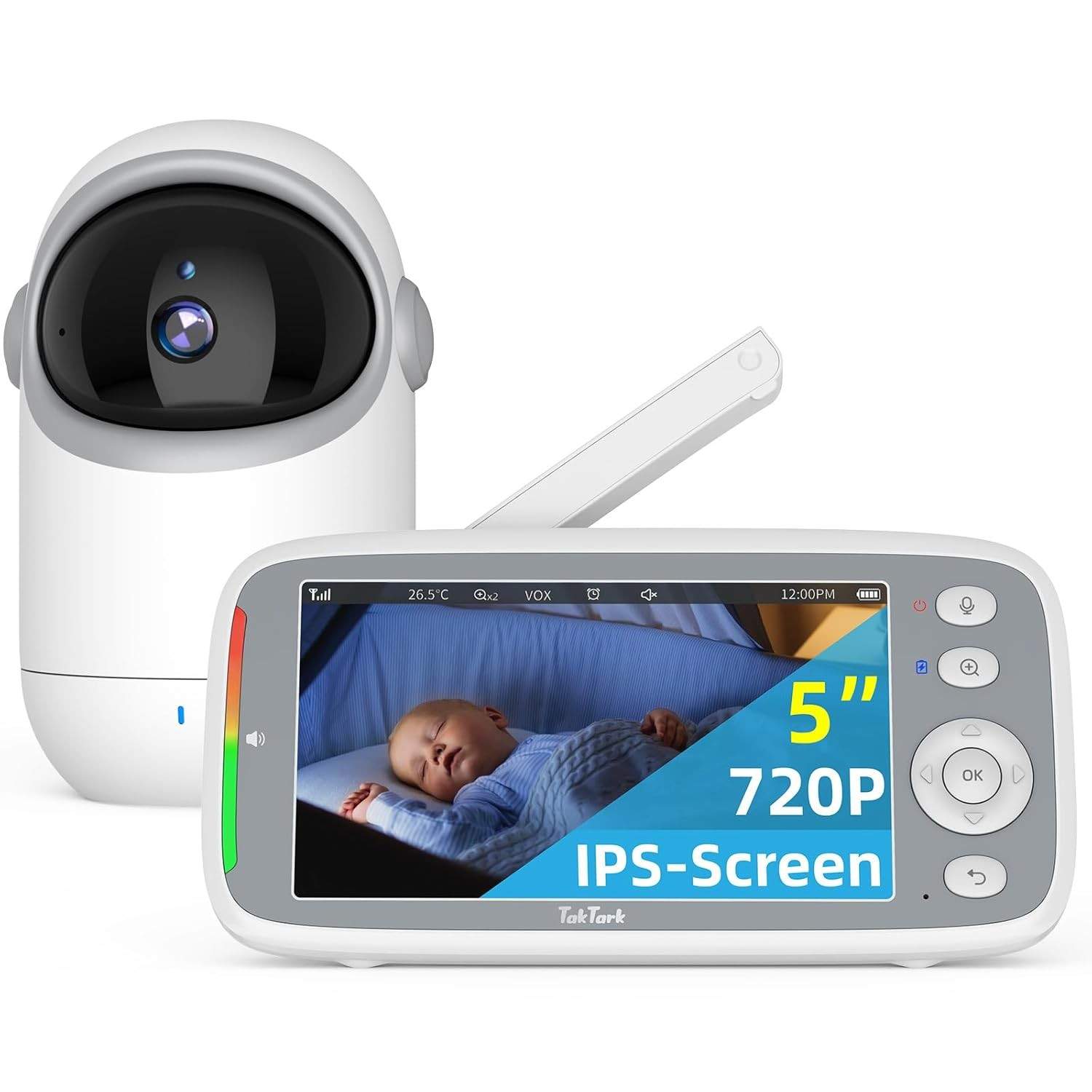 Babá Eletrônica TakTark 5" HD 720P com Tela, Sem Wi-Fi - Segurança Total e Visão Noturna para Novos Pais