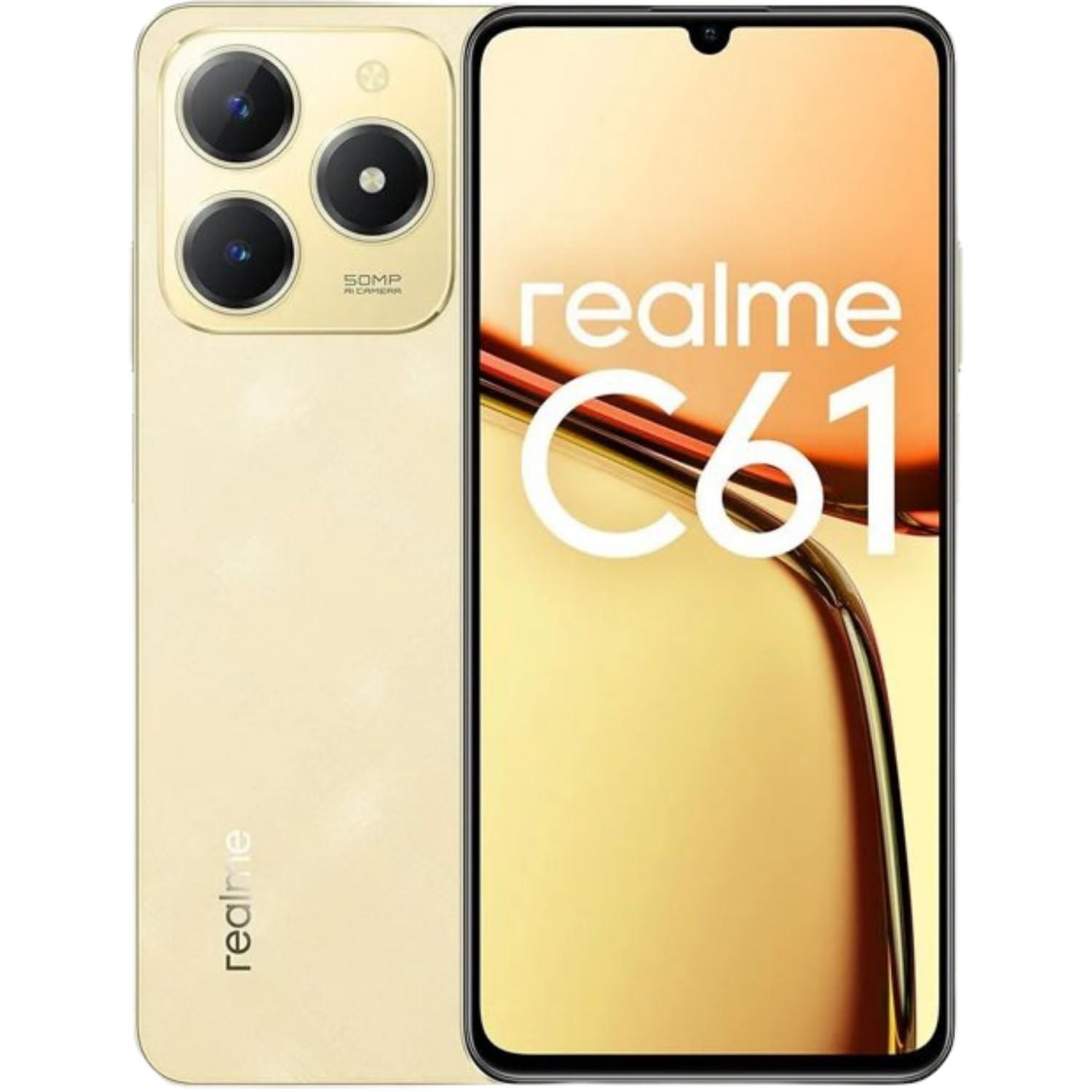 Realme C61 Dourado: 256GB, 8GB RAM, Câmera 50MP e Tela 6.74" - Potência e Estilo!