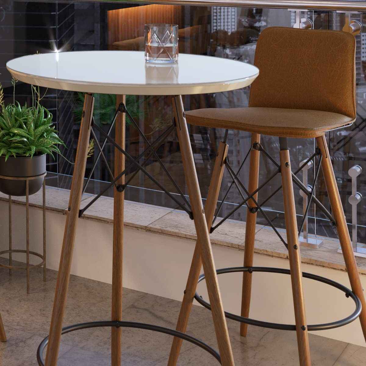 Mesa Alta Bistrô com Tampo de Vidro Temperado Redonda - Estilo Retrô para Área Gourmet, Varanda e Cozinha Pequena