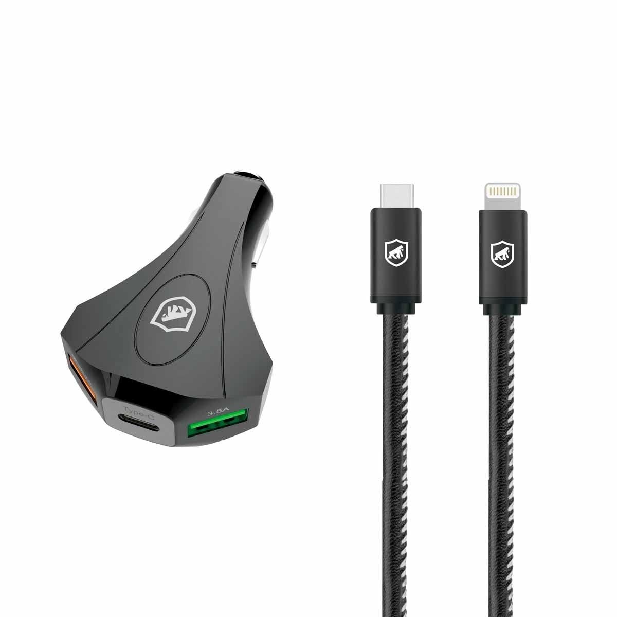 Kit Carregador Veicular Tank Gshield + Cabo Turbo Militar Tipo C: Potência e Segurança em Viagens!