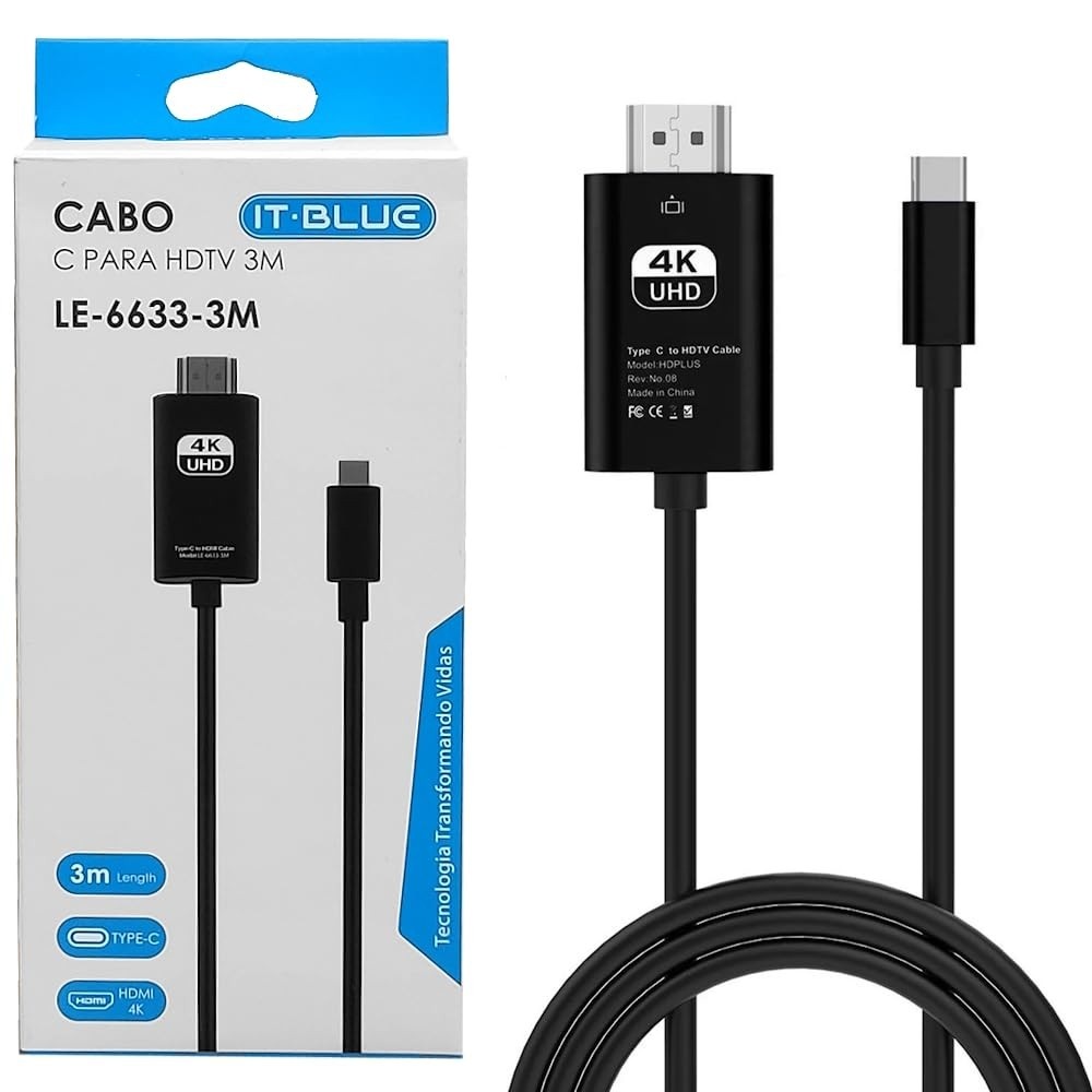 Cabo Conversor Tipo C para HDMI 4K 3m: Espelhamento Perfeito para Notebook e Celular