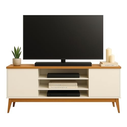 Rack Bancada para TV até 60" 1,60m com 2 Portas e 3 Nichos - Titan Off White/Madeirado