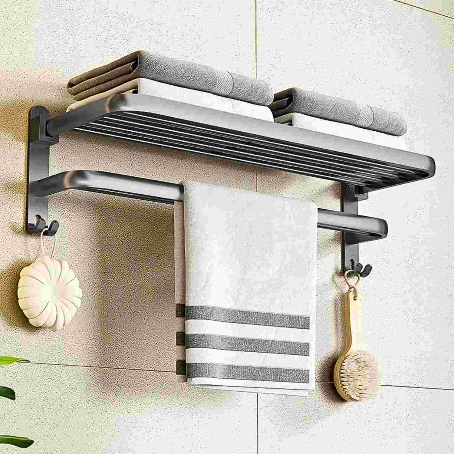 Suporte de Toalha Dobrável com Prateleira em Alumínio 60cm - Porta Toalhas Moderno com 2 Barras e Ganchos
