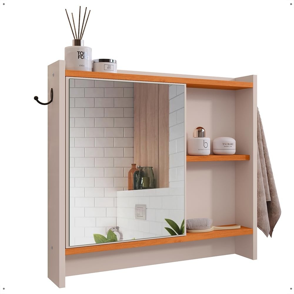 Armário com Espelho e Porta-Toalhas para Banheiro Genova - Design Moderno Off White e Cinamomo