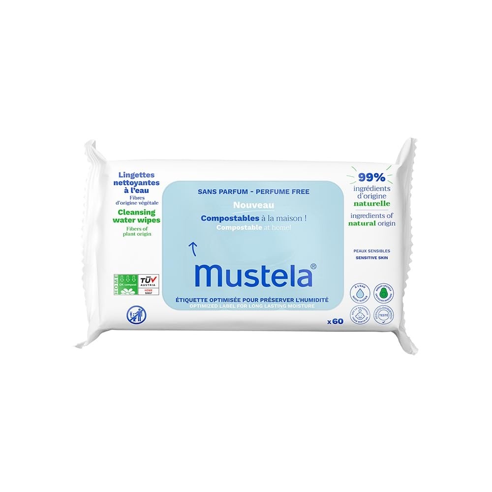 Mustela Toalhas Umedecidas Compostáveis Sem Perfume 60 Unidades - 99% Ingredientes Naturais para Bebês e Crianças