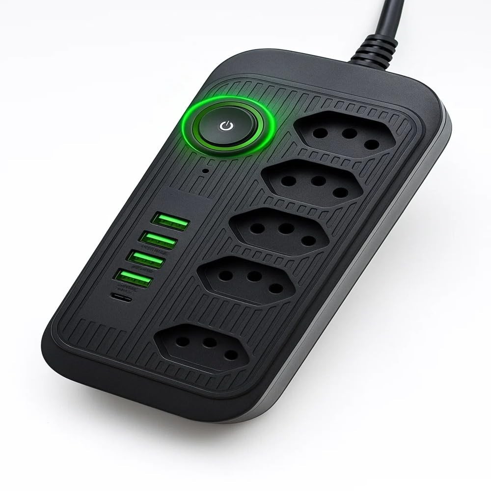 Régua de Energia Premium: 5 Tomadas, 4 USB + 1 Tipo-C, 2500W, Cabo 1.9m, Preta