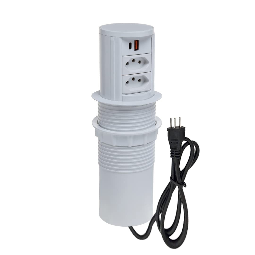 Torre de Tomada Totem Automático: 2 Tomadas 10A + 2 USB 3.5A - Branco Elegante