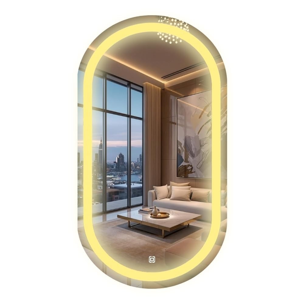 Espelho de Parede Iluminado Oval 50x80cm com LED Touch Dimmer - Jateado Lapidado Moderno
