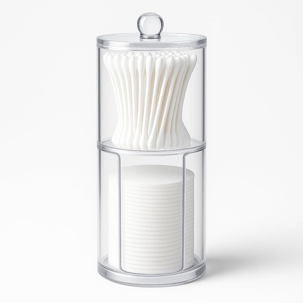 Porta Algodão e Cotonetes Acrílico Duplo com Tampa Transparente - Organizador de Cosméticos Moderno para Banheiro e Maquiagem