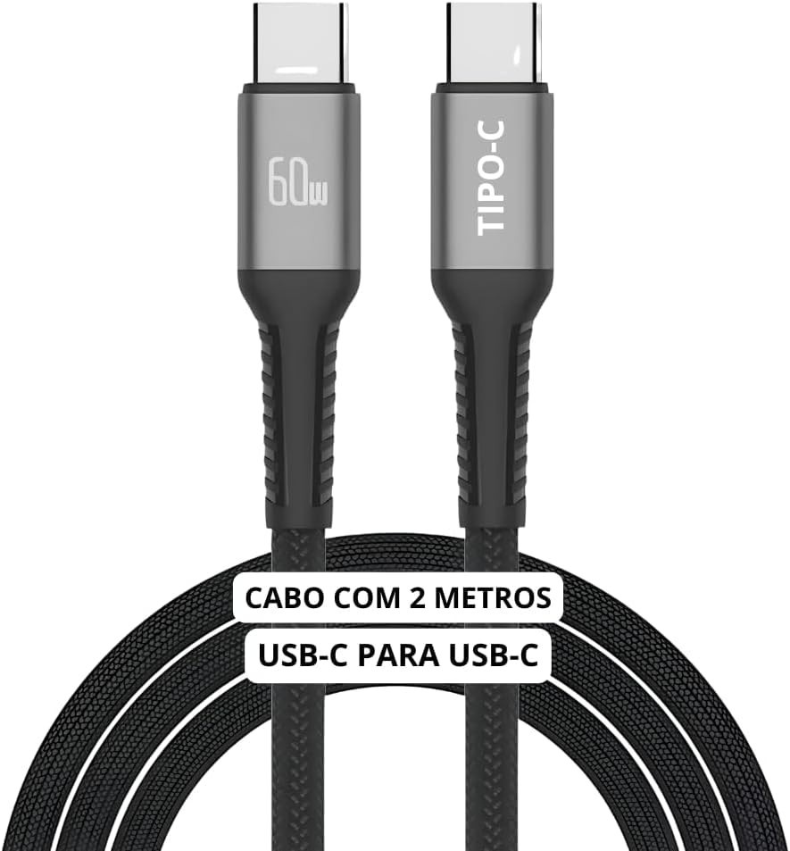 Cabo USB-C 2M Turbo 60W Ultra Rápido: Nylon Trançado, Carregamento e Dados