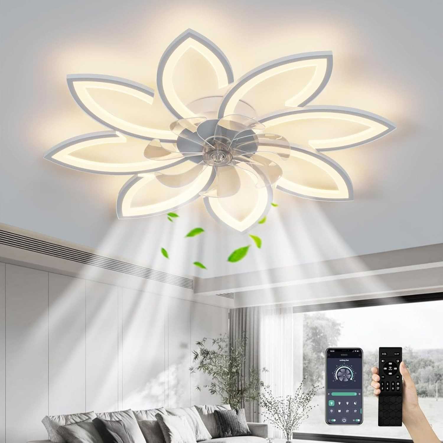 Ventilador de Teto com Luz LED e Controle por APP Tuya - 3 Cores de Luz, Bivolt, 90cm
