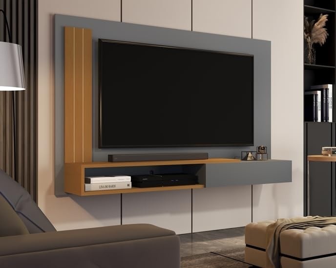 Painel TV Até 55" Moderno com Prateleira e Porta - Design Sofisticado Onix/Nature