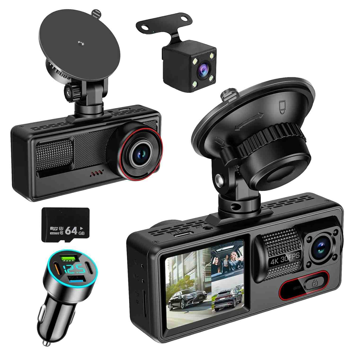 Câmera de Carro 4K UHD 3 Canais: Segurança Completa com Visão Noturna e Cartão 64GB Incluso