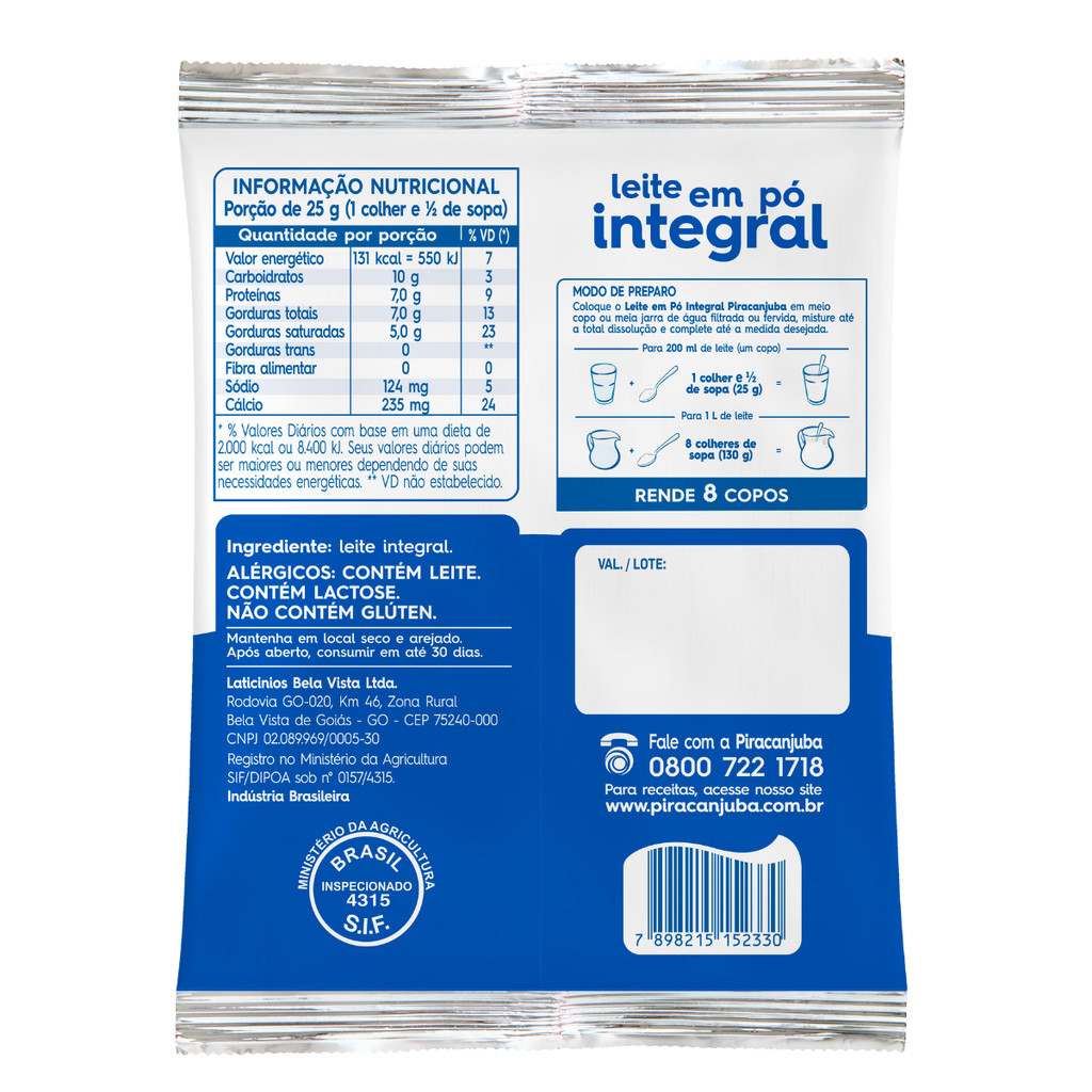 Leite em Pó Integral Piracanjuba 200g – Kit com 10 Unidades