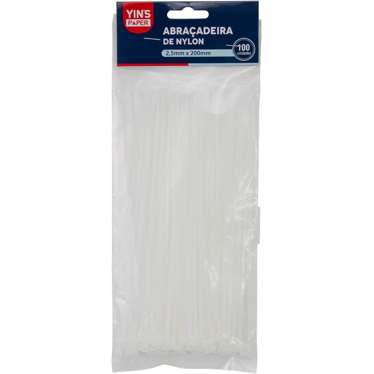 Abraçadeira Nylon Branca Yins 2,5x200mm - Pacote 100 Unidades | Organização Profissional