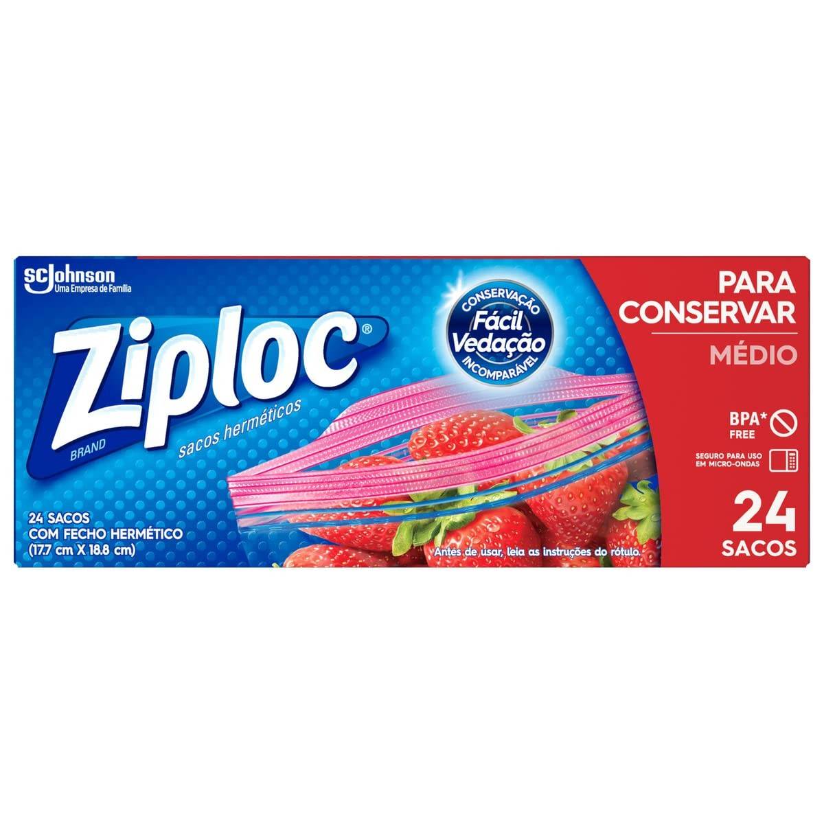 Ziploc Saco Hermético Médio 24 Unidades - Conservação e Organização na Geladeira