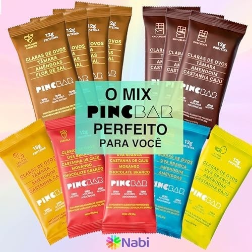 PincBar Caixa MISTA 6 SABORES 12 unidades - Barra de Proteína Sem Açúcar 50g