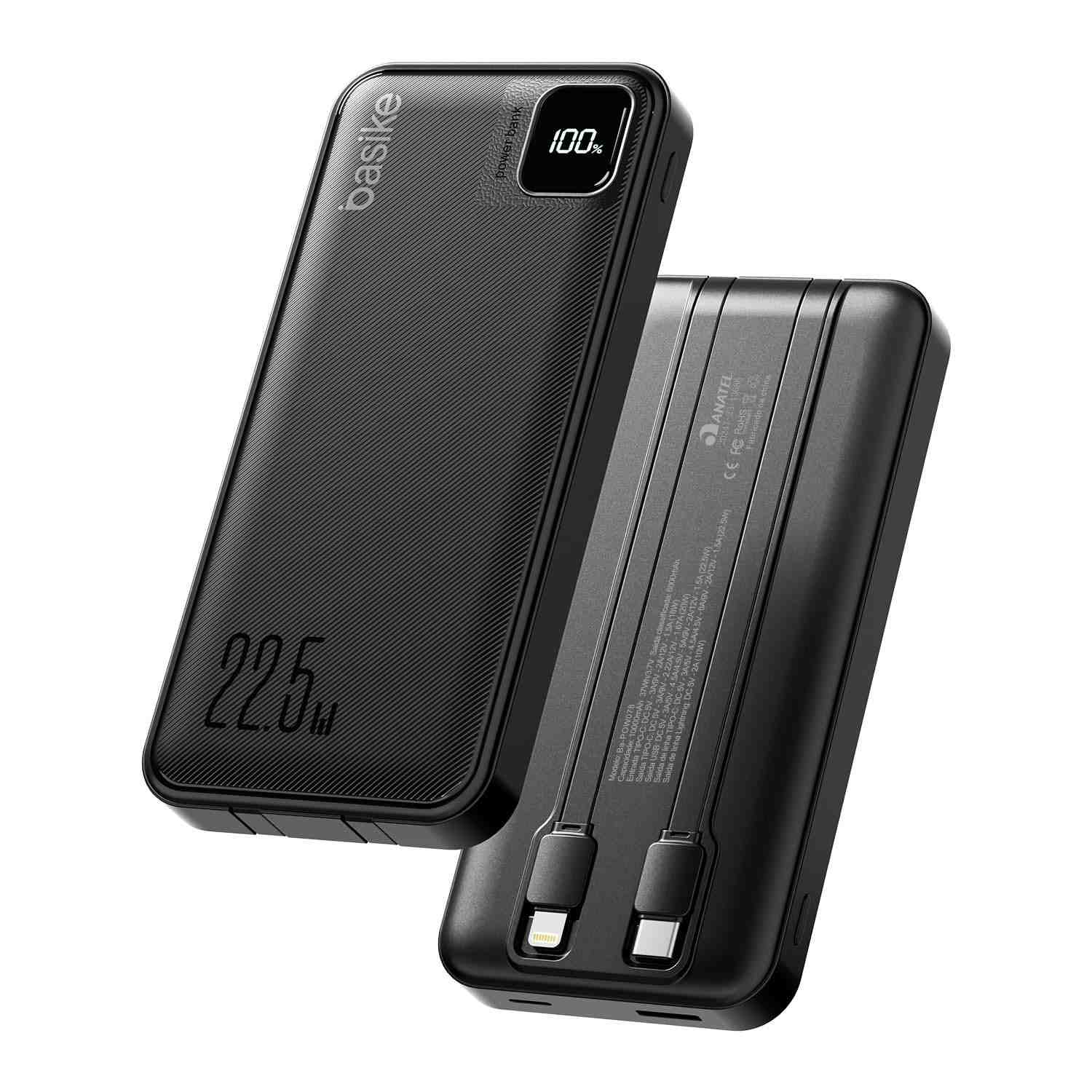 Basike Power Bank 10000mAh: Carregador Portátil Universal 22.5W com Cabos Integrados e Carregamento Rápido