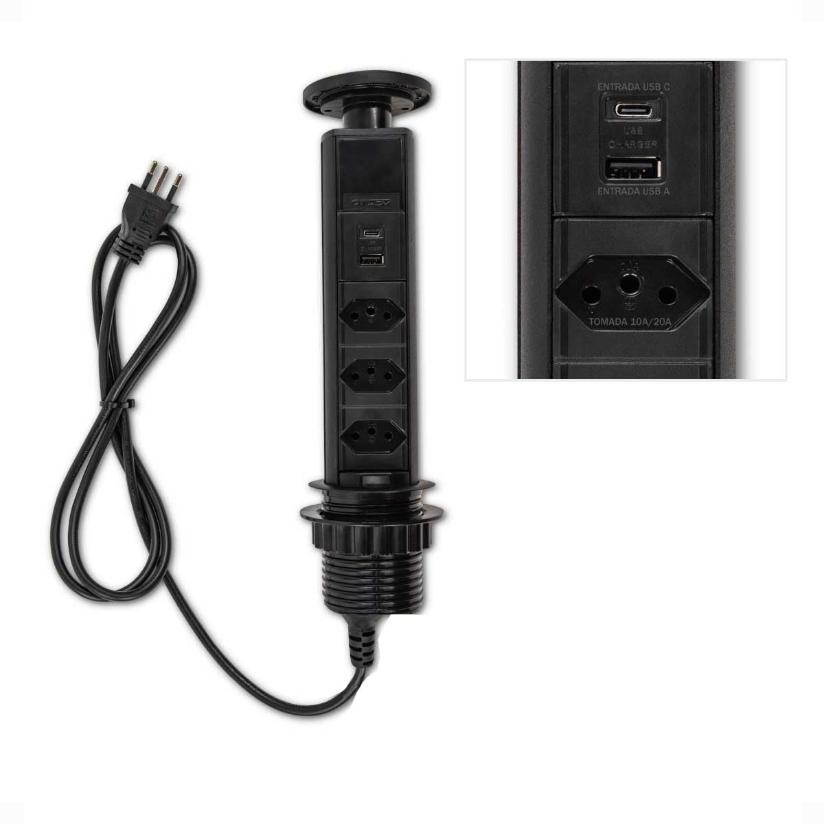 Torre de Tomada Retrátil Bivolt 3 Tomadas 20A com USB-A e USB-C - Elegância e Funcionalidade