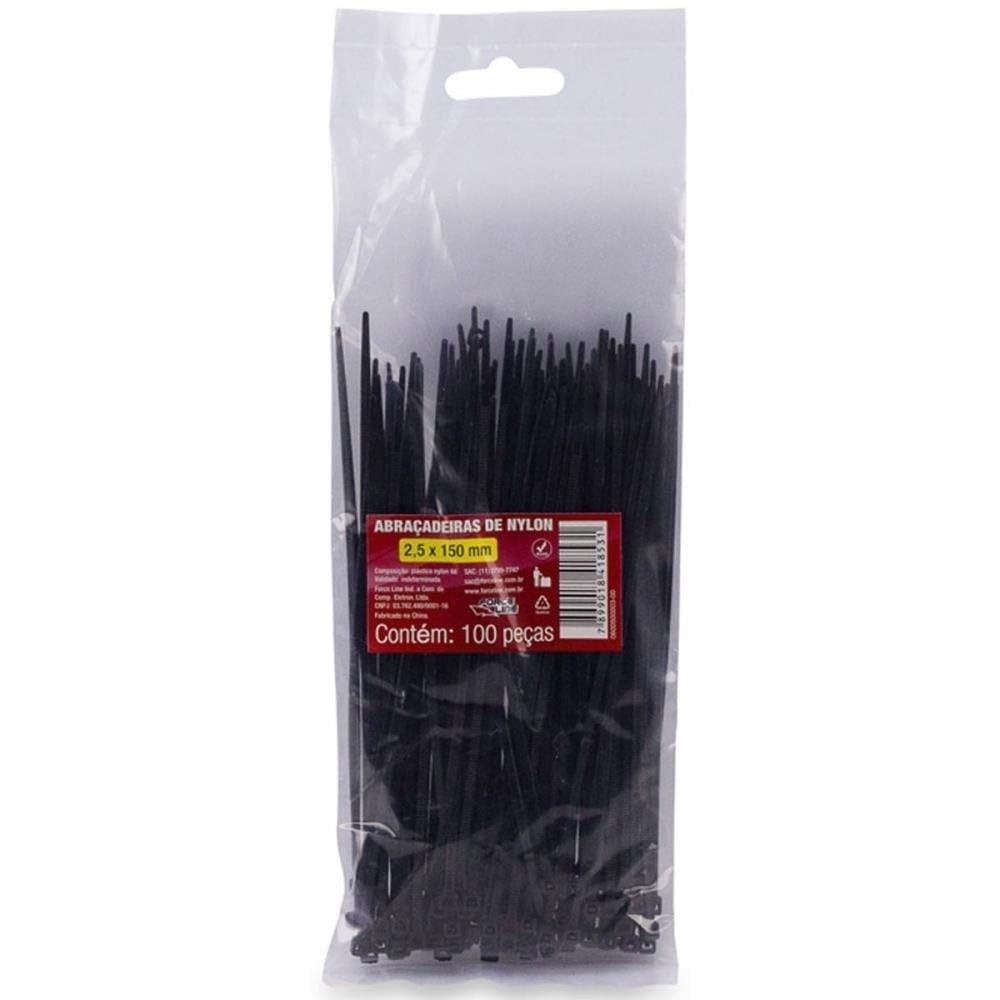 Force Line: Abraçadeiras de Nylon Pretas (100 Peças) - Solução Versátil para Organização e Fixação