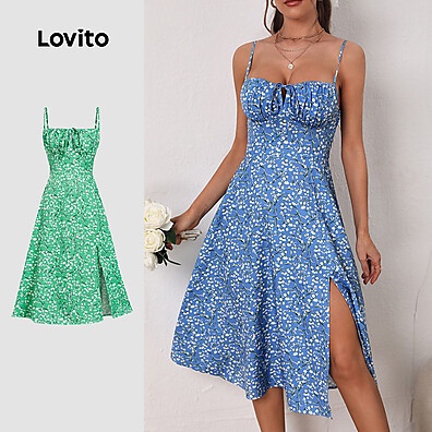 Vestido Boho Ditsy Floral com Frente Dividida e Renda