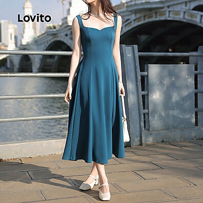 Vestido Casual Lovito com Estrutura Lisa para Mulheres