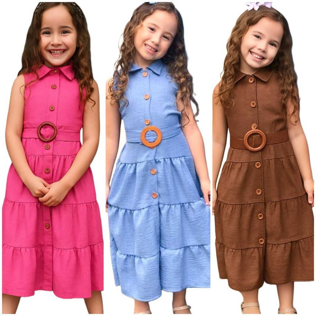 Vestido Infantil Elegante com Botões e Cinto – Estilo Princesa para Meninas