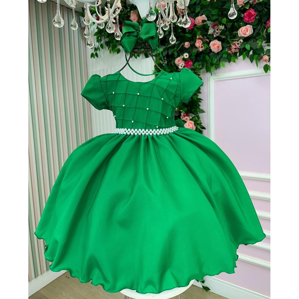 Vestido Infantil Ysa Kids Verde Bandeira com Laço e Pérolas