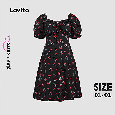 Vestido Plus Size Ditsy Floral com Mangas Bufantes