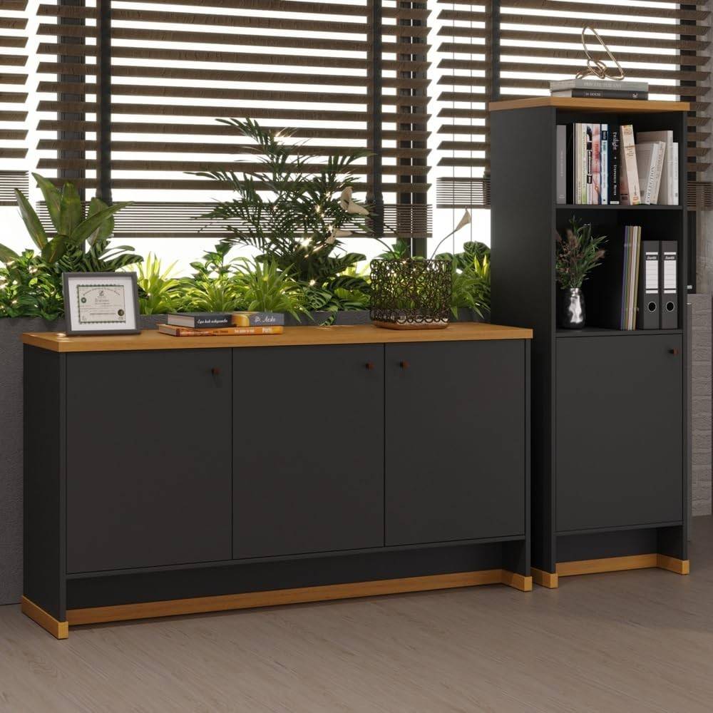 Kit Escritório Profissional com Armário Berlin - Design Moderno em Preto/Natural | VIA NOSSA