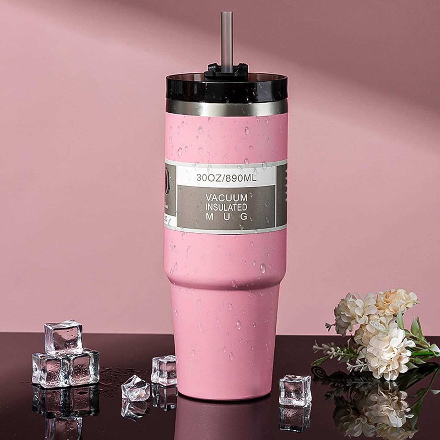 Copo Dobrável Térmico 887ml com Canudo - Aço Inox Rosa para Viagens