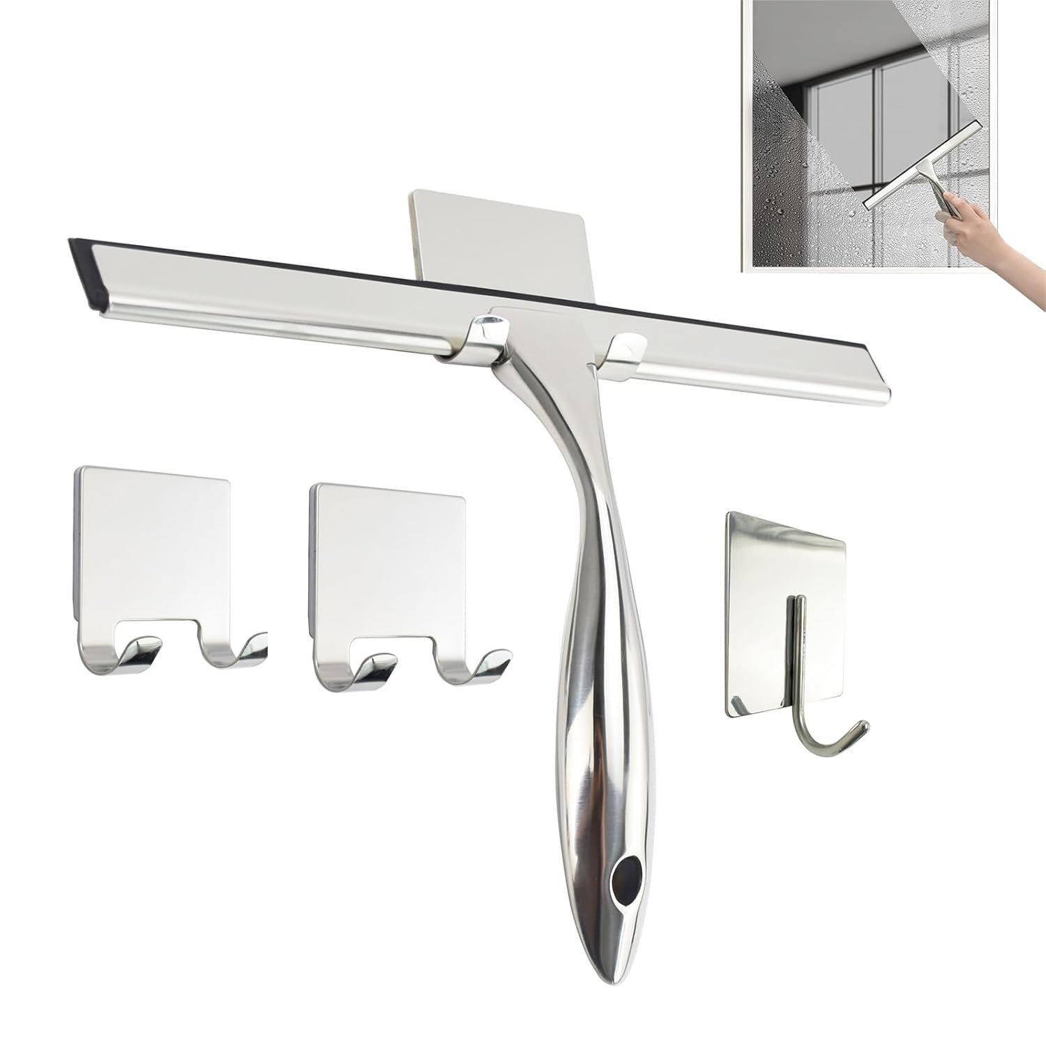 Rodo de Chuveiro com 3 Ganchos Adesivos - Aço Inoxidável 26,5cm para Vidros, Janelas, Espelhos e Azulejos