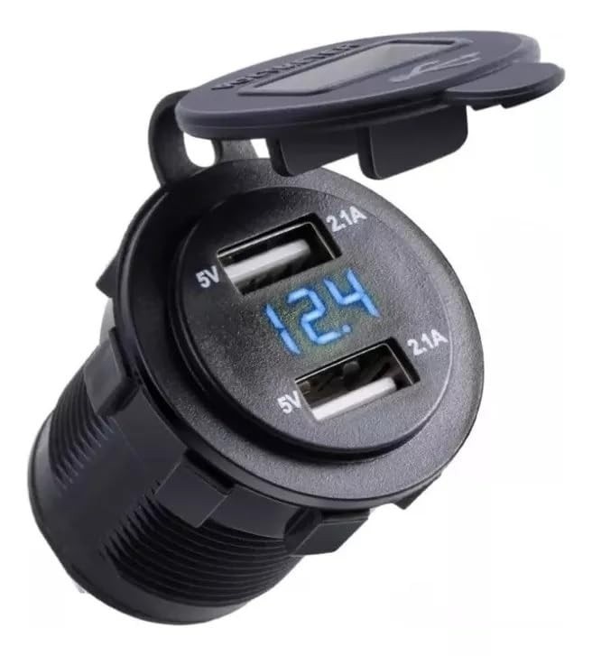 Tomada USB Dupla 4.2A com Voltimetro Azul para Veículos, Motos e Barcos - KLX