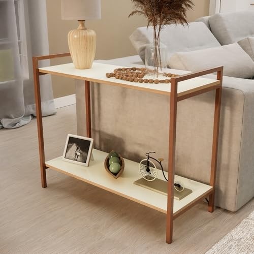 Balcão Aparador Moderno 80cm com Estrutura em Cobre e Tampo Off White Freijo