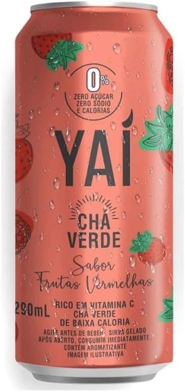 YAI Chá Verde Sabor Frutas Vermelhas Zero Açúcar, Lata 290ml, Kit com 6 Unidades