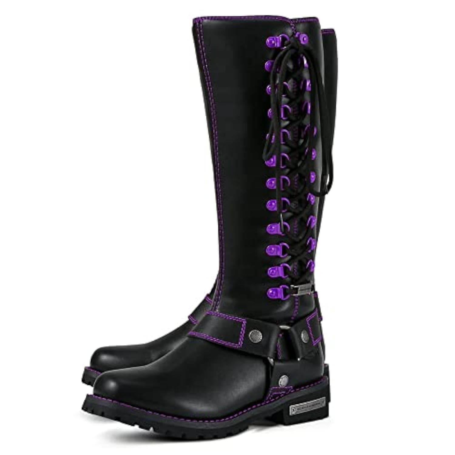 Botas de motociclista femininas com detalhes de zíper e renda, botas pretas de motociclista com salto, design clássico de arreio, cano médio